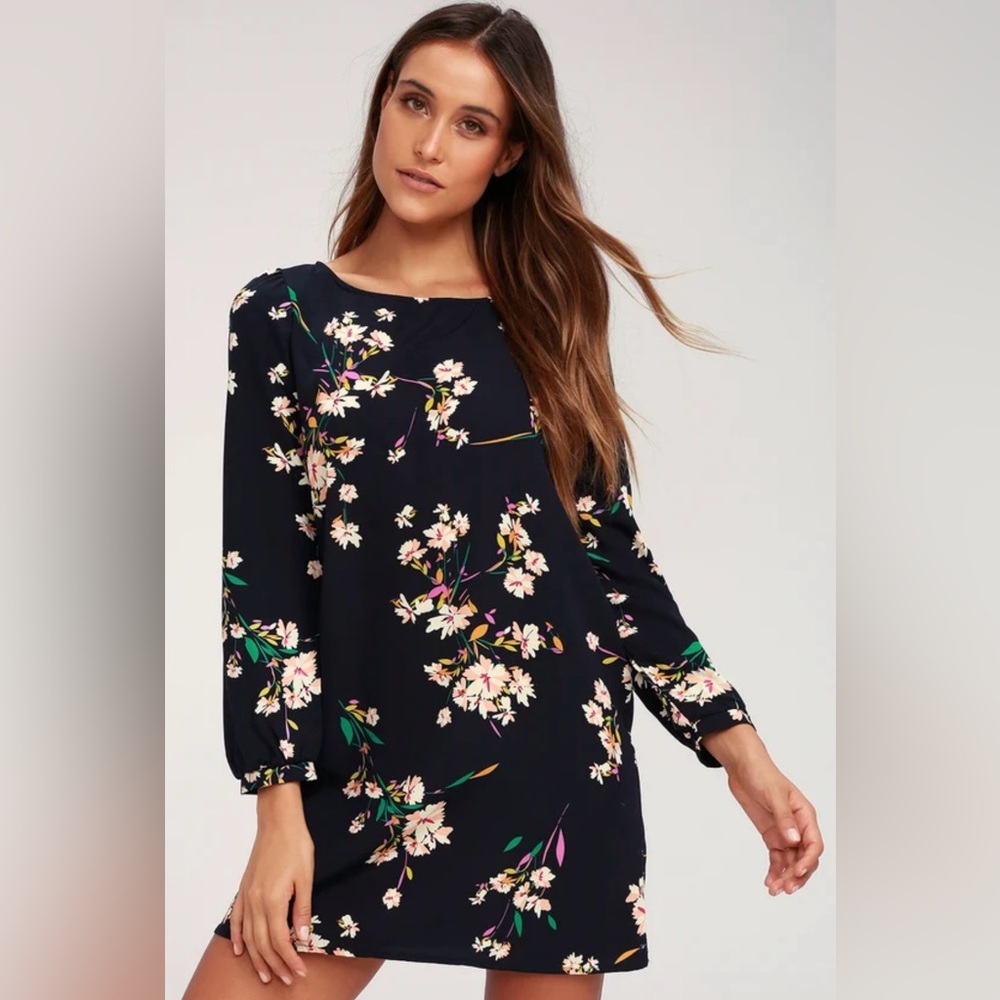 Lulus Herbaceous Babe Navy Floral Print Shift Dress, Small, S